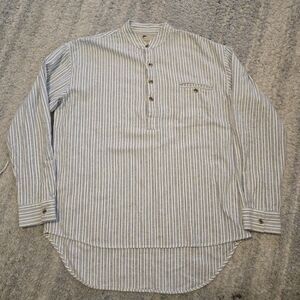 Lee Valley Ireland Traditional Grandfather Shirt Blue Ivory Stripe Flannel Size